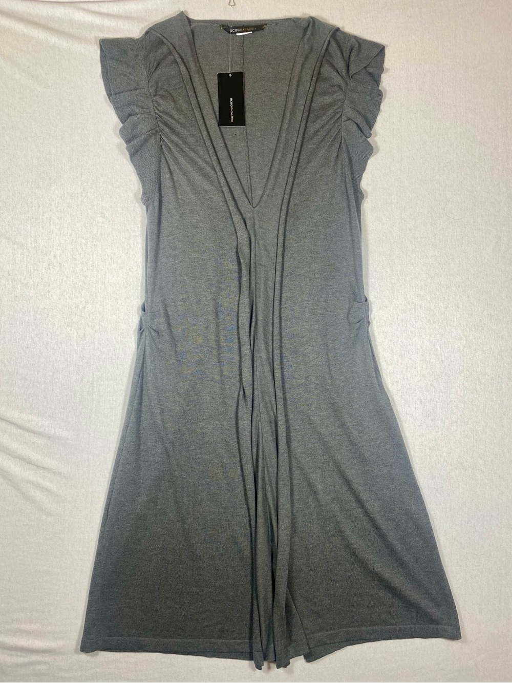 BCBGMAXAZRIA Gray Knit Ruffle Sleeve Deep V Midi Dress NWT